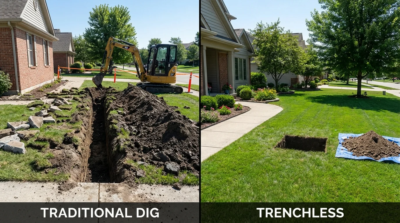 Trenchless sewer repair with minimal yard damage versus traditional excavation in Ardmore, PA