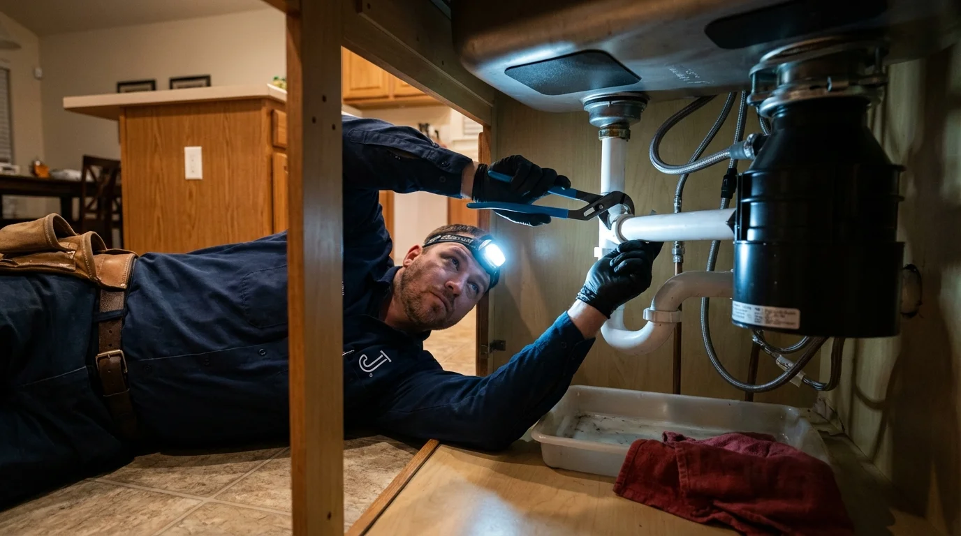 P-trap and supply line connections under a kitchen sink showing a common leak point in Ardmore, PA